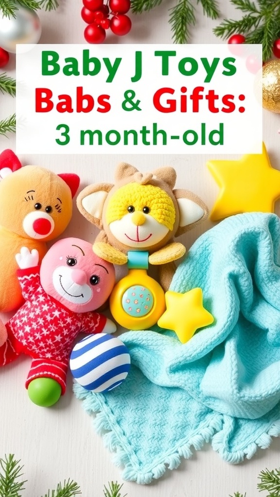 Christmas Gift Ideas for 3-Month-Old Babies A collection of baby toys and gifts for infants, including plush toys and rattles, on a festive background.